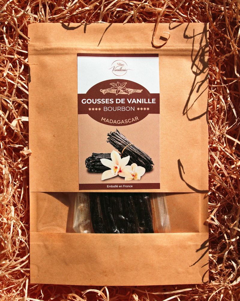 Étiquette artisanale Vanilleaix sur fond naturel texturé